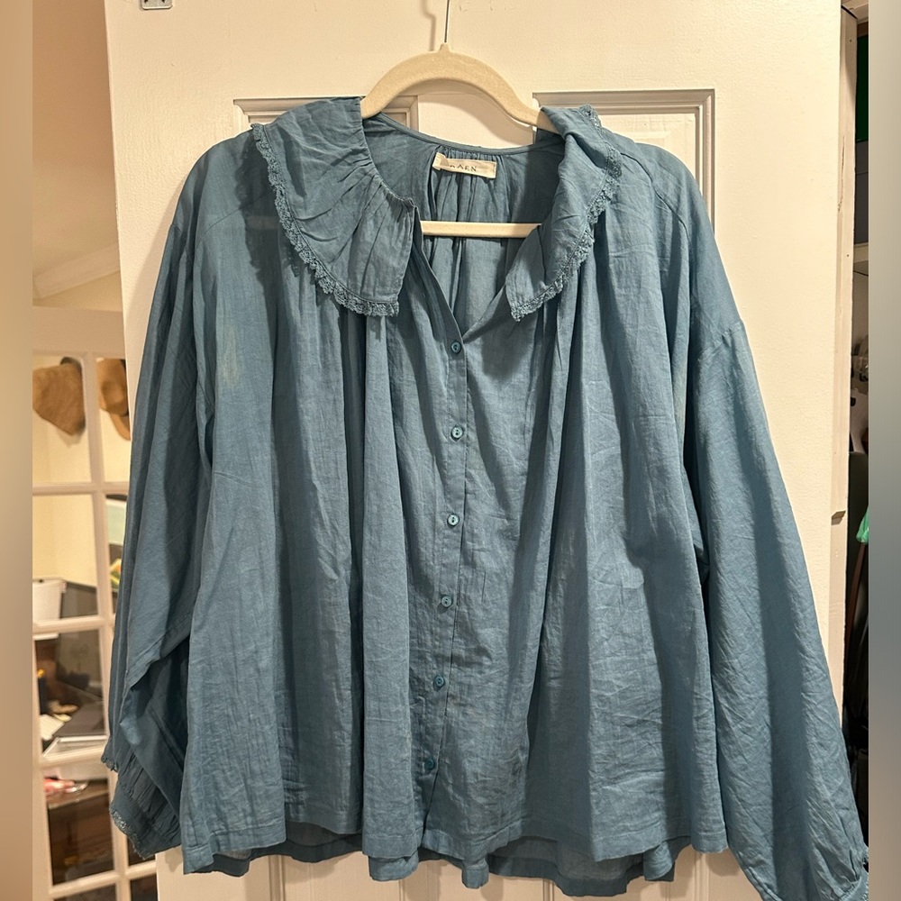 Doen Blue Ruffle Cotton Blouse